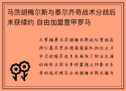 马茨胡梅尔斯与泰尔齐奇战术分歧后未获续约 自由加盟意甲罗马 马茨胡梅尔斯与泰尔齐奇战术分歧后未获续约 自由加盟意甲罗马