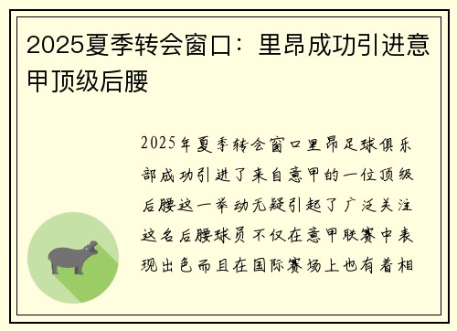 2025夏季转会窗口：里昂成功引进意甲顶级后腰